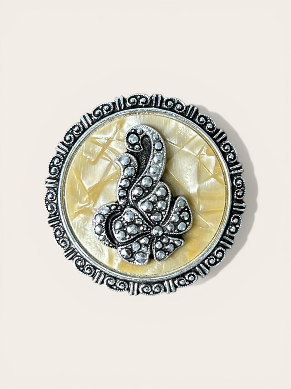 Vintage Faux Mother of Pearl and Imitation Marcasite Scarf Clip